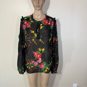 CAbi Black Floral Blouse with Red and Yellow Accents